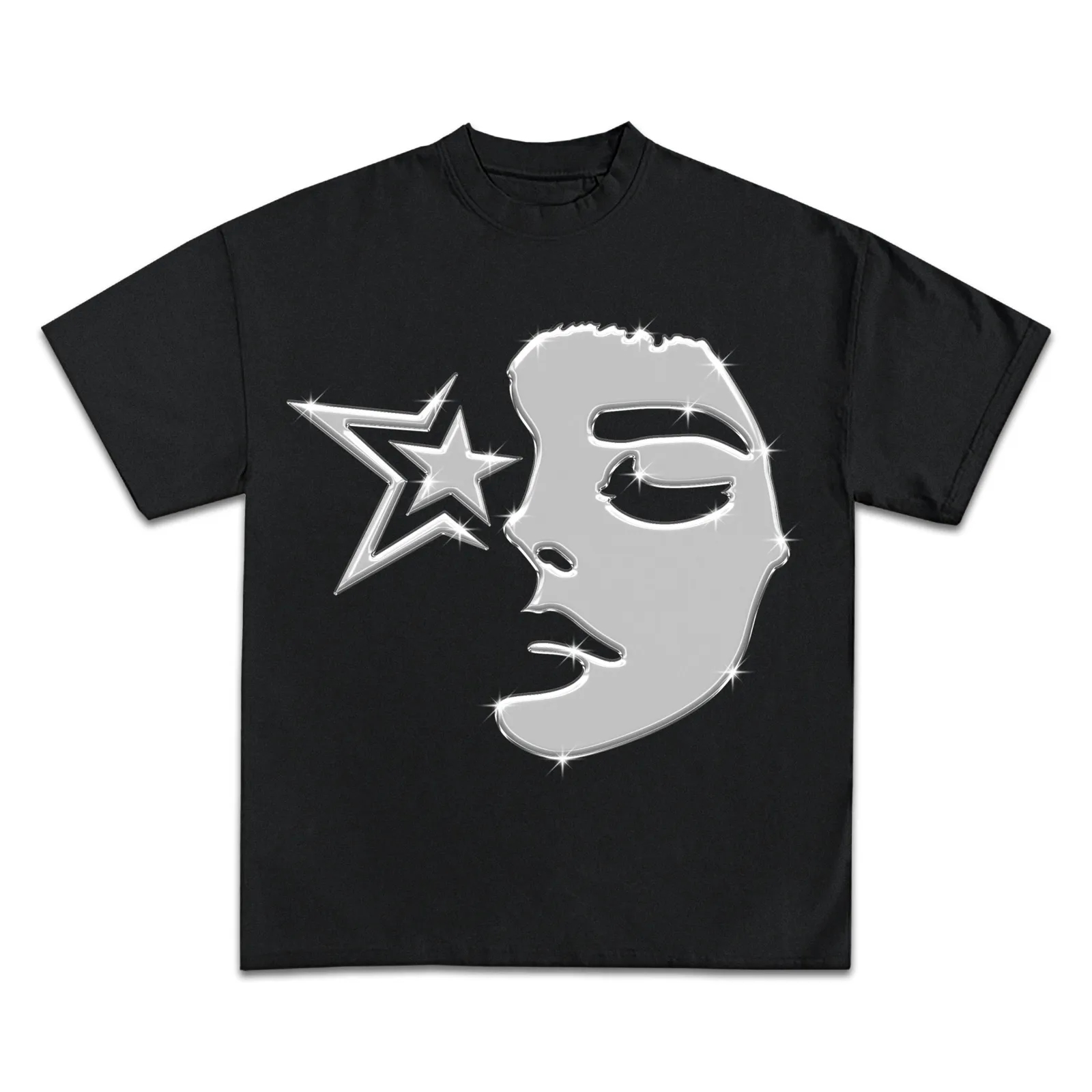 Starlit Chrome Face Graphic T-Shirt, Y2K Streetwear Tee, Hoodie and Sweatshirt, Silver Star Abstract Art Shirt Print