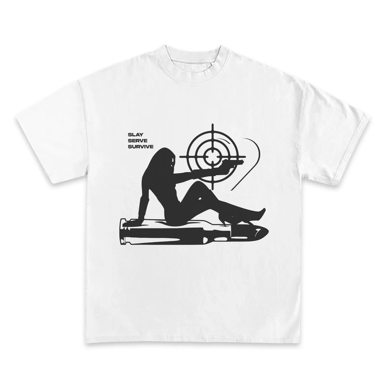 Slay Serve Survive Graphic T-Shirt Hoodie Sweatshirt, Black Silhouette Woman With Crosshair Target, Edgy Minimal Streetwear Tee