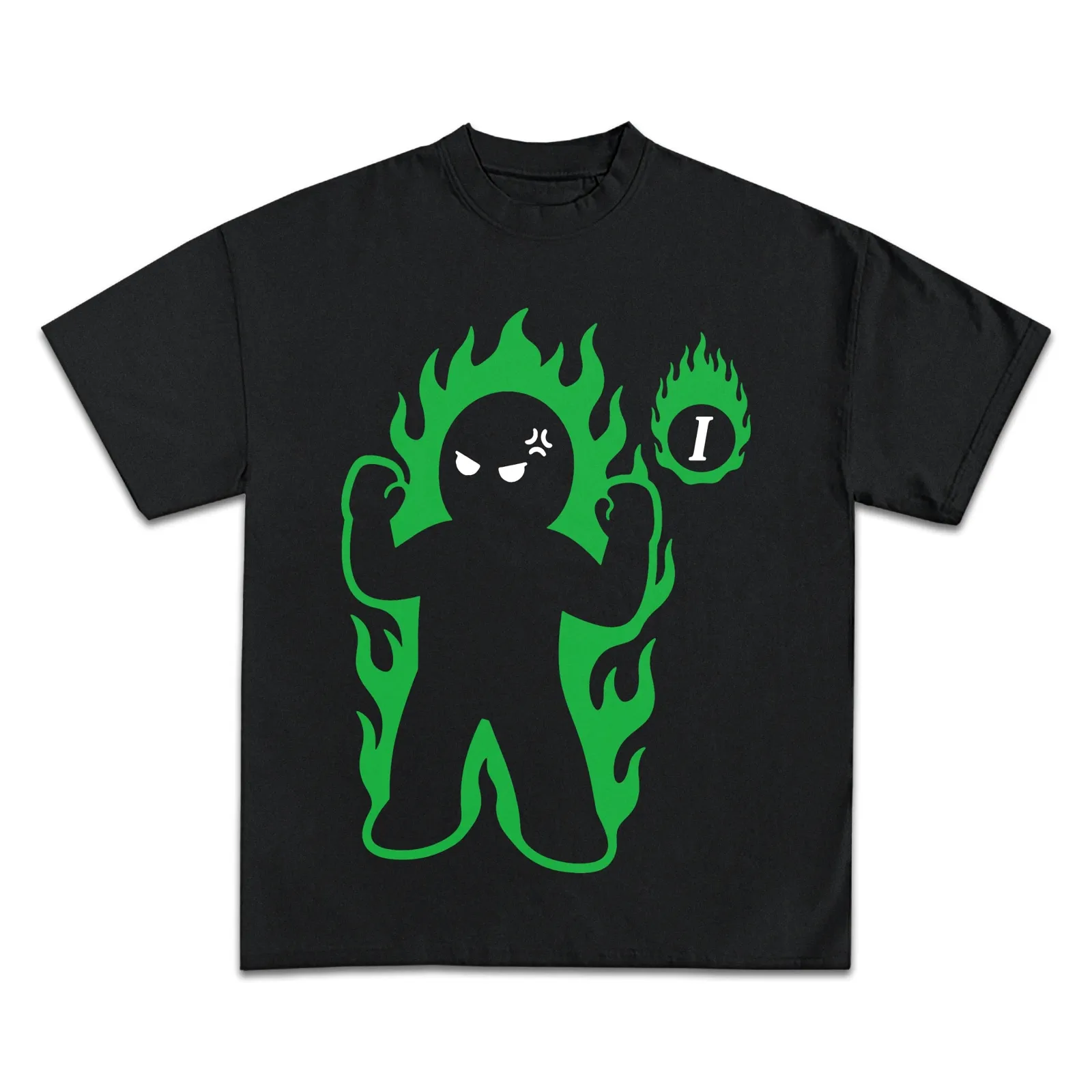 Aura Graphic T-Shirt, Angry Flame Character In Neon Green Streetwear Tee, Cartoon Hoodie Sweatshirt, Bold Design
