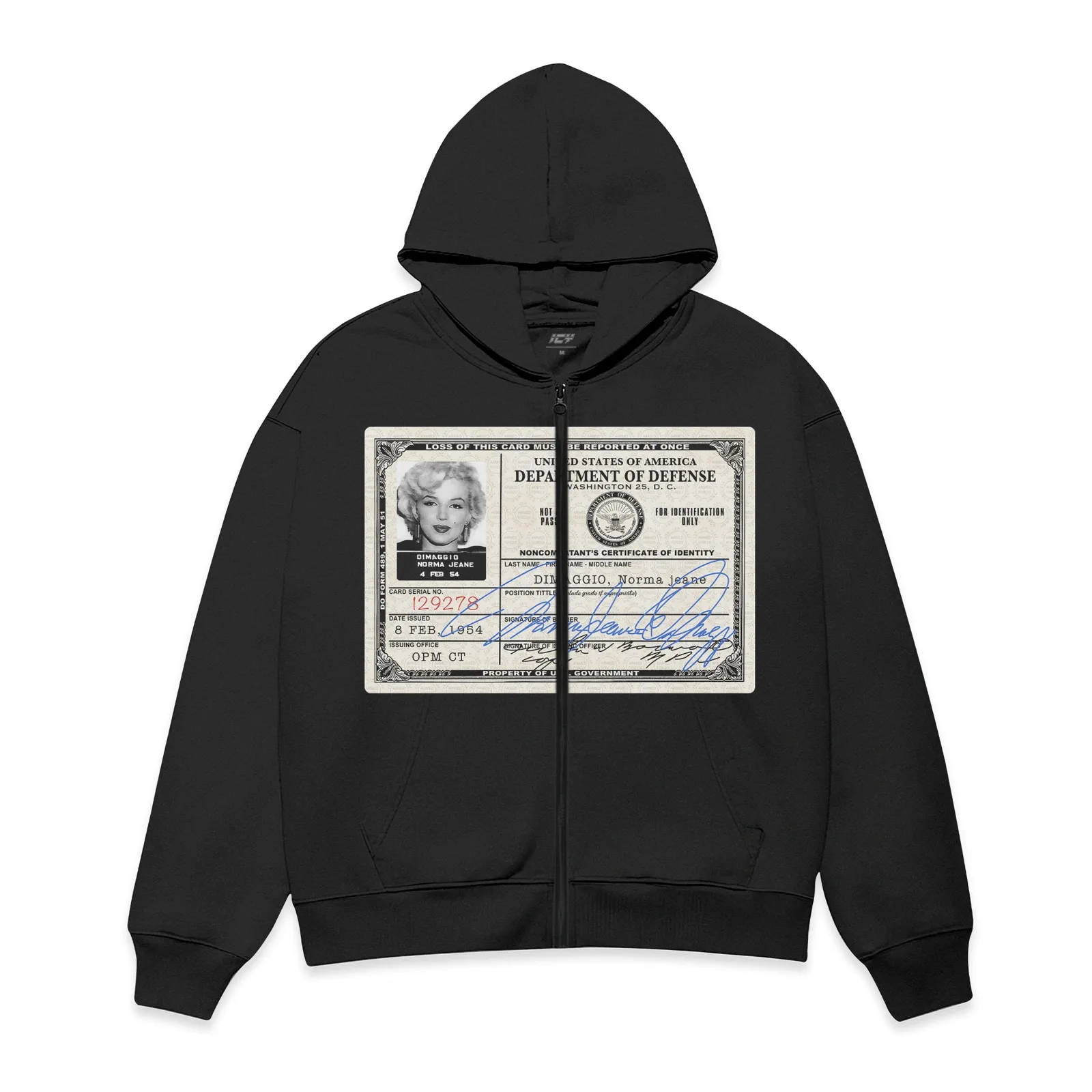 Marilyn Monroe Graphic Full Zip Hoodie, Department of Defense ID Card Vintage Icon Streetwear Zip Up Sweatshirt Tee