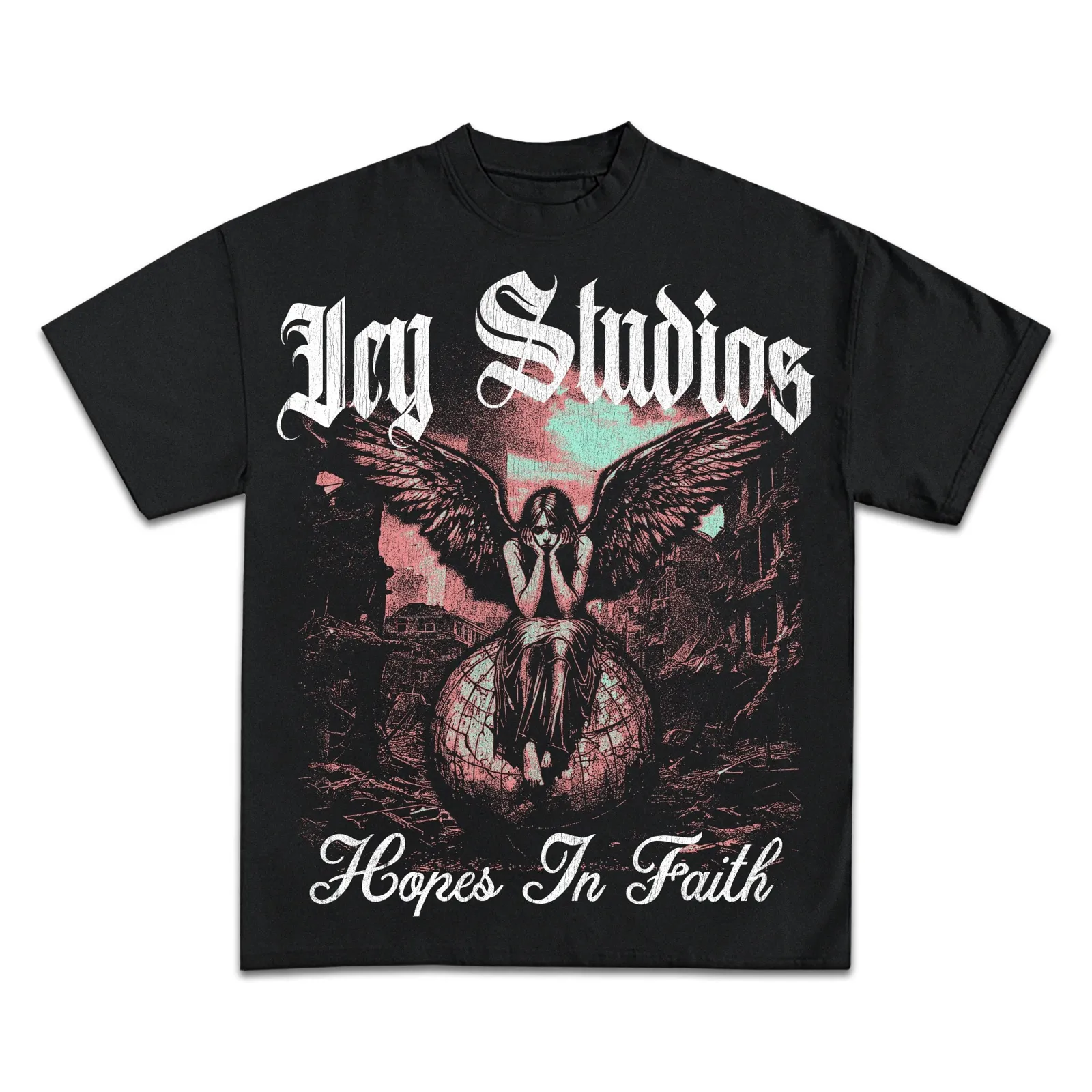 Hopes In Faith Graphic T-Shirt Hoodie Sweatshirt, Winged Angel On Globe, Gothic Script Christian Streetwear Tee