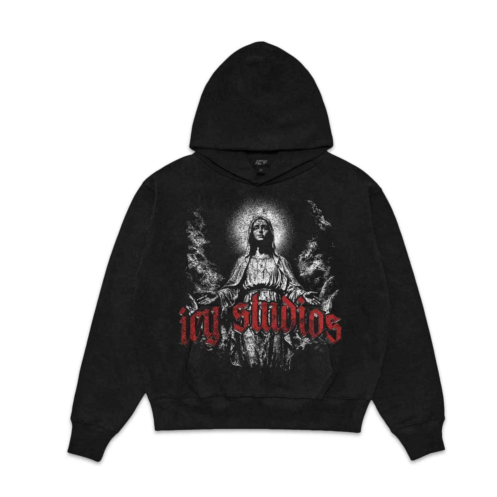 Heaven Sent Graphic Hoodie, Virgin Mary Statue Gothic Streetwear, Red Blackletter Lettering Graphic Tee Sweatshirt Design