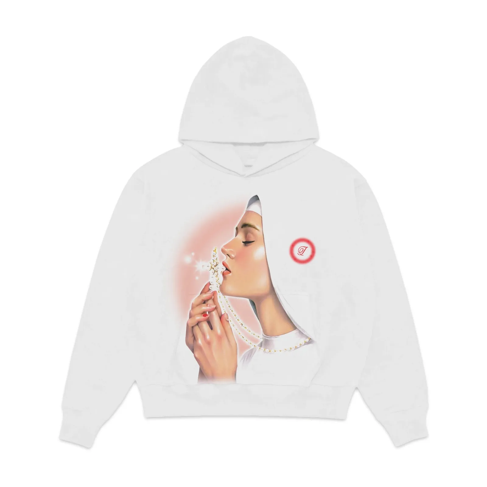 Devotion Graphic Hoodie Sweatshirt T-Shirt, Praying Nun Rosary Airbrush Portrait, Religious Faith Streetwear Hoodie