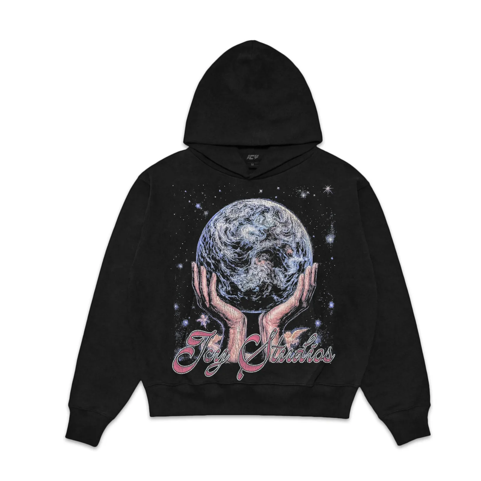 Earth In Hands Graphic Hoodie, Cosmic Globe And Stars Streetwear Pullover, Tee, Sweatshirt Oversized Vintage Airbrush Style
