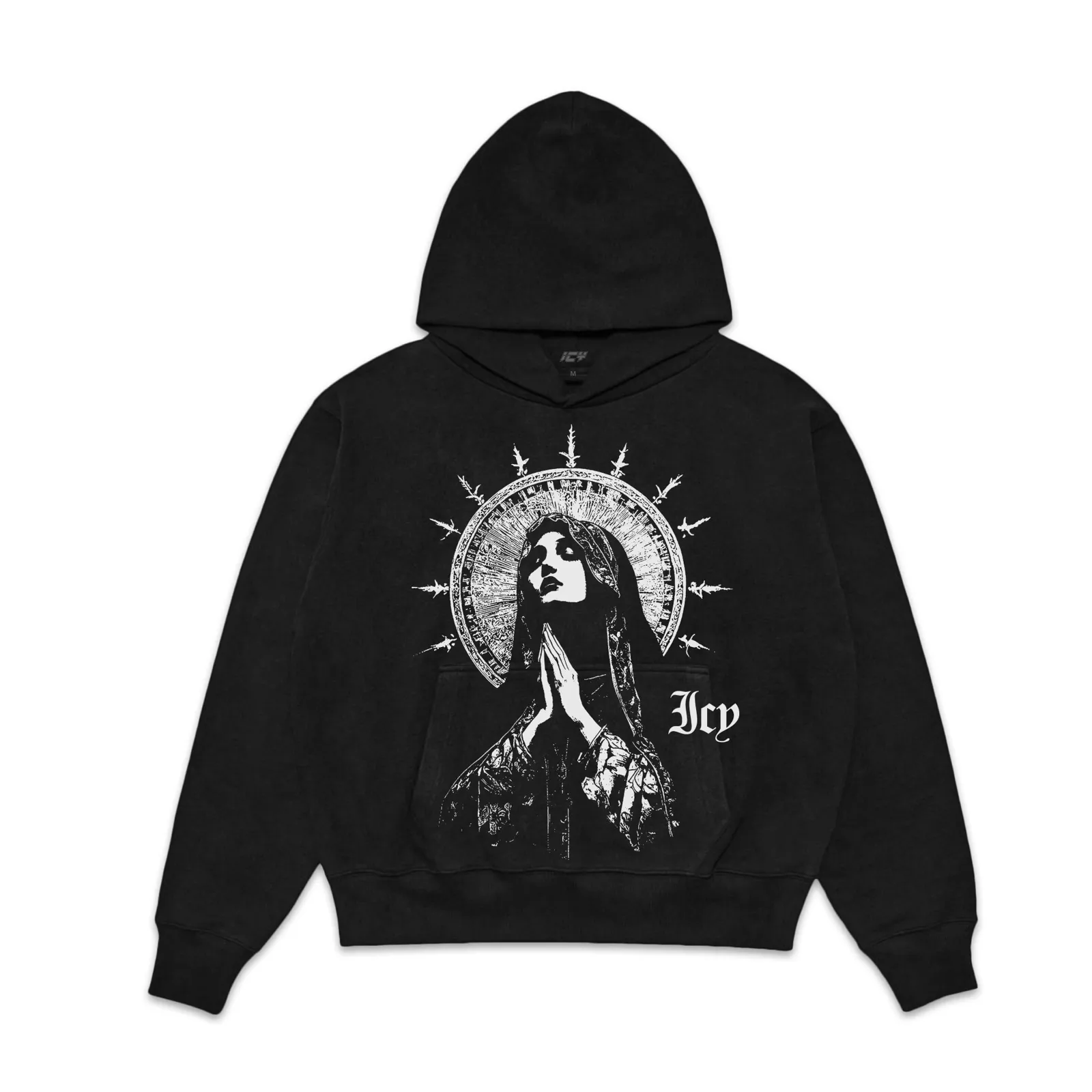 Pray Heavy Graphic Hoodie, Praying Mary With Halo Gothic Streetwear, Faith Sweatshirt Graphic Tee, Dark Aesthetic Design