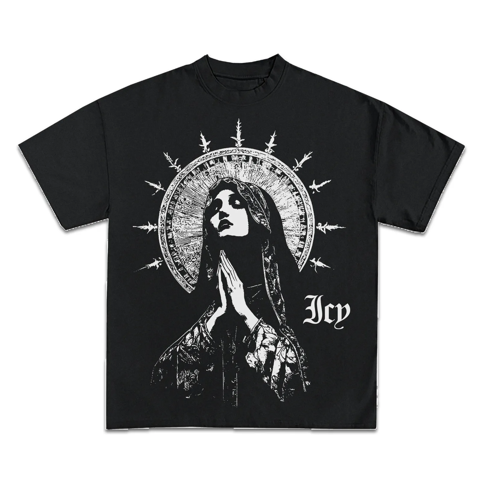 Pray Heavy Graphic T-Shirt, Hoodie, Sweatshirt, Praying Virgin Mary Halo Black And White Art, Gothic Faith Streetwear Tee