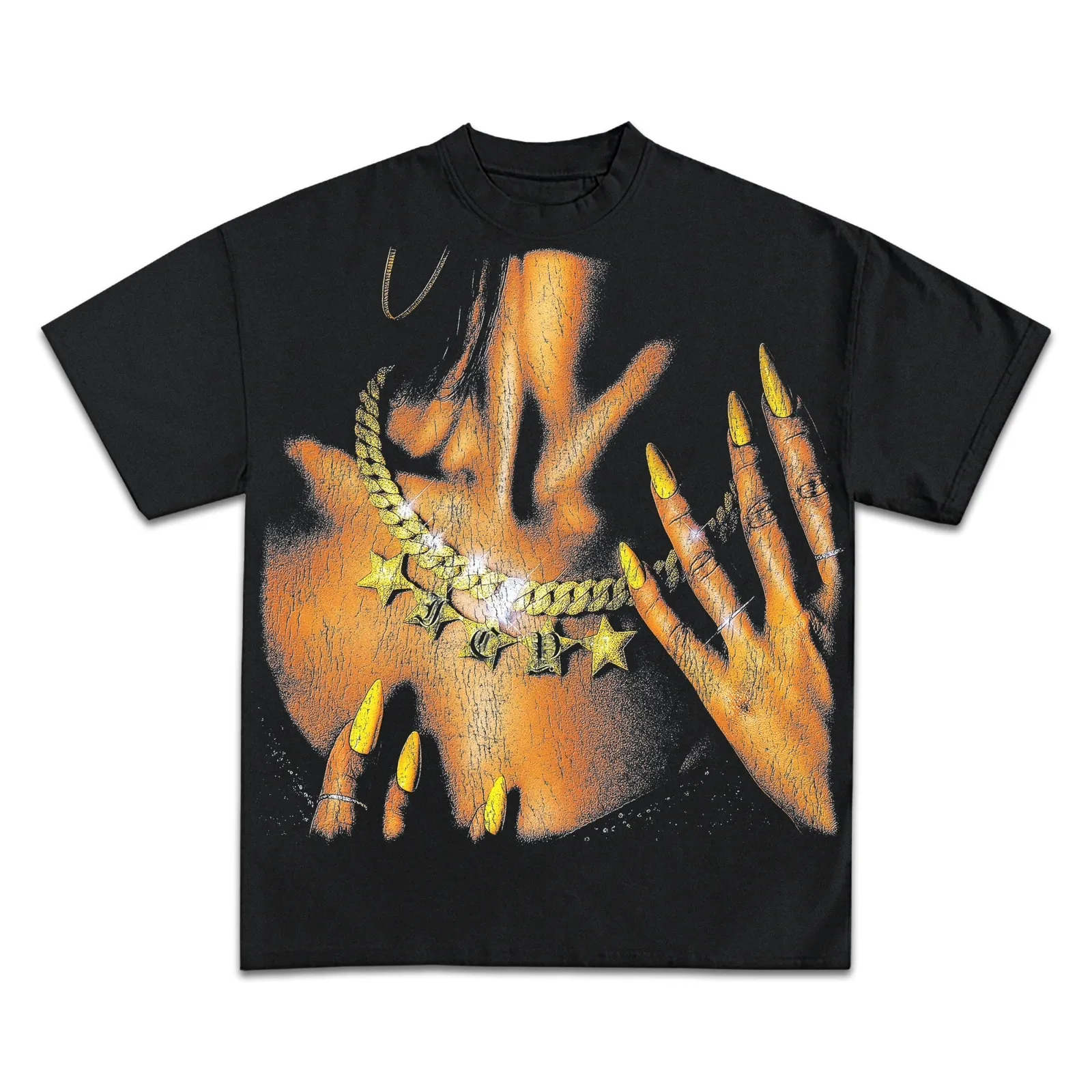 Gold Chain Star Charms Graphic T-Shirt, Hoodie, Sweatshirt, Yellow Nails Gothic Lettering Vintage Oversized Streetwear Tee