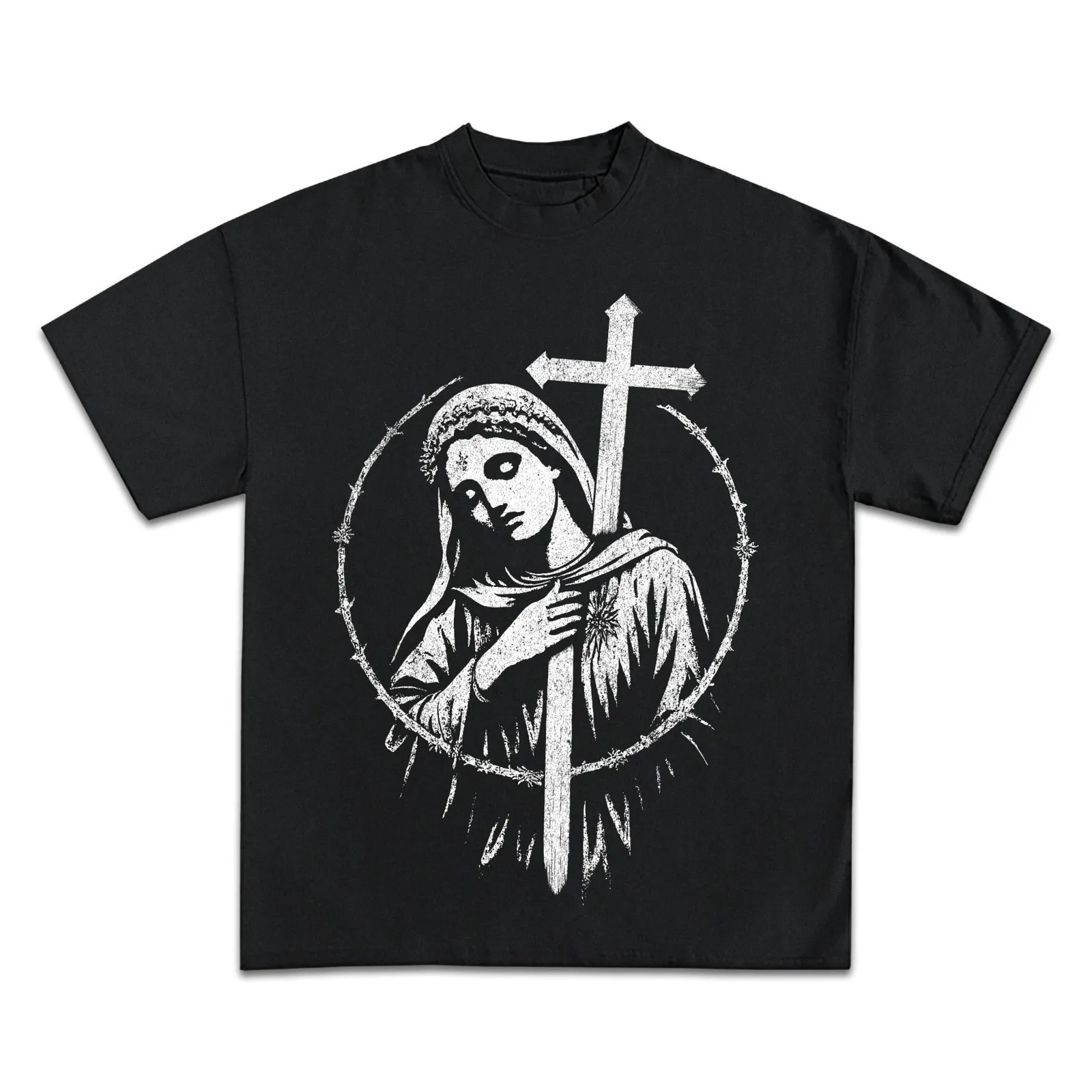 Faith Graphic T-Shirt, Mary Holding Cross With Barbed Wire Circle, Gothic Christian Streetwear Tee, Hoodie Sweatshirt