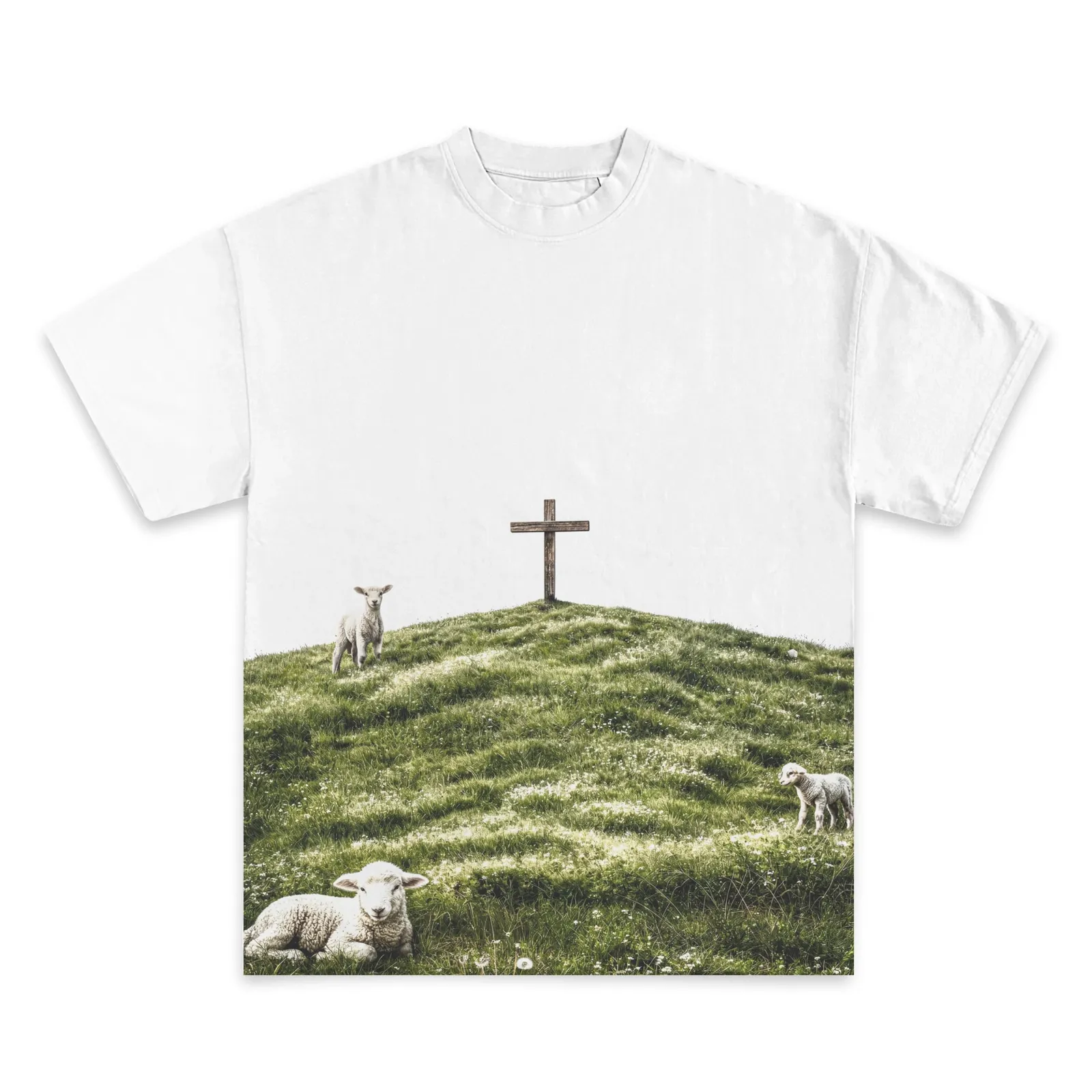 Shepherd Cross Graphic T-Shirt, Lambs On Green Hill Faith Tee, Hoodie, Sweatshirt, Christian Streetwear Oversized Style