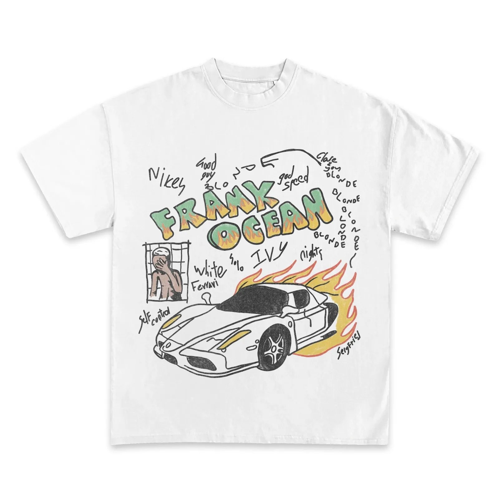 Frank Ocean Ferrari Graphic T-Shirt, Hoodie, Sweatshirt, Blonde Hand Drawn Doodle Art, Hip Hop R&B Streetwear Oversized Tee