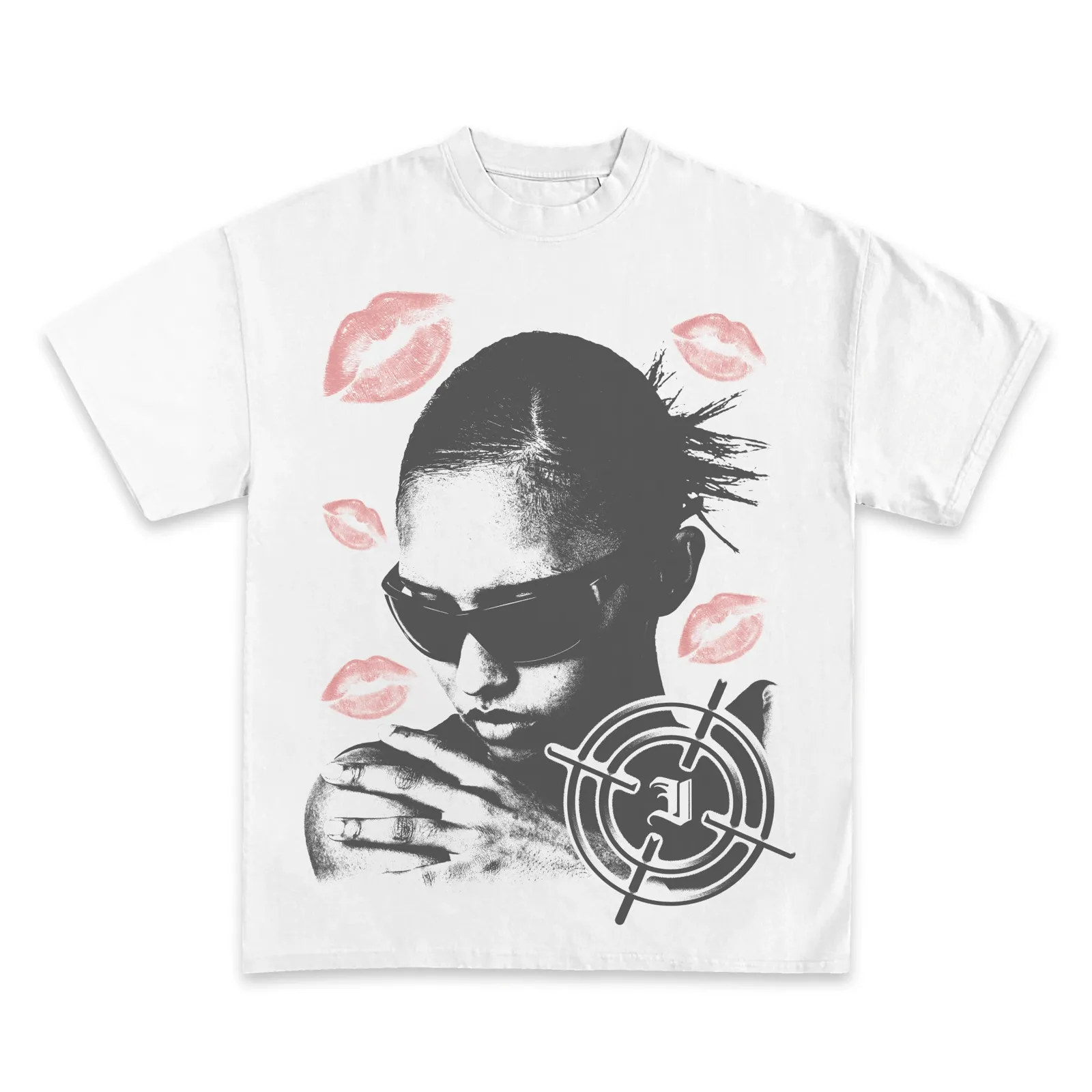 Crosshair Logo Sunglasses Portrait Graphic T-Shirt, Hoodie, Sweatshirt, Lips Print, Y2K Streetwear Oversized White Tee