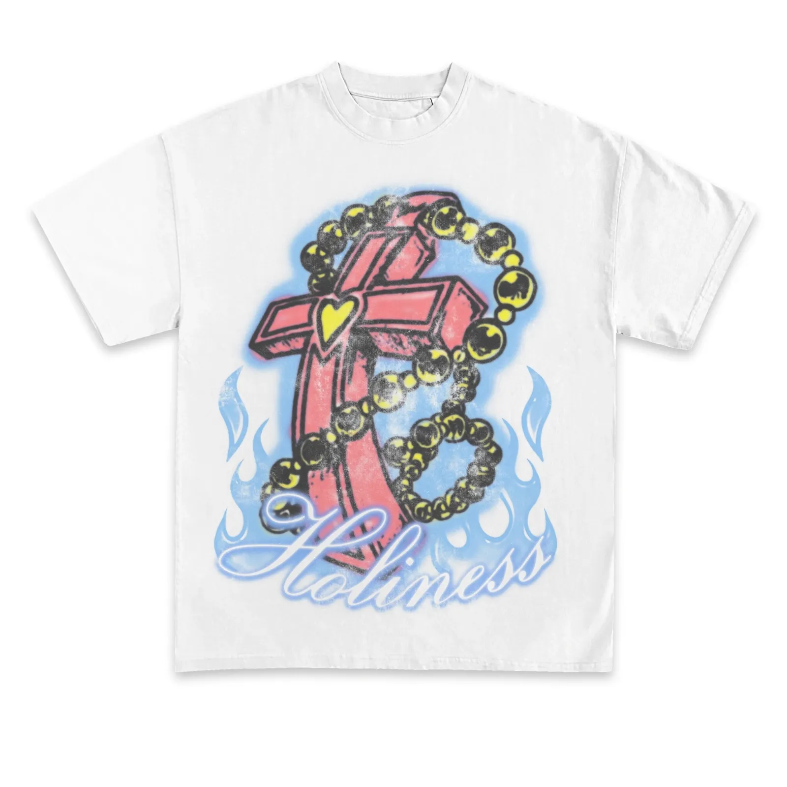 Holiness Graphic T-Shirt, Cross And Rosary Beads Airbrush Tee, Faith Streetwear, Y2K Style Hoodie Sweatshirt Design
