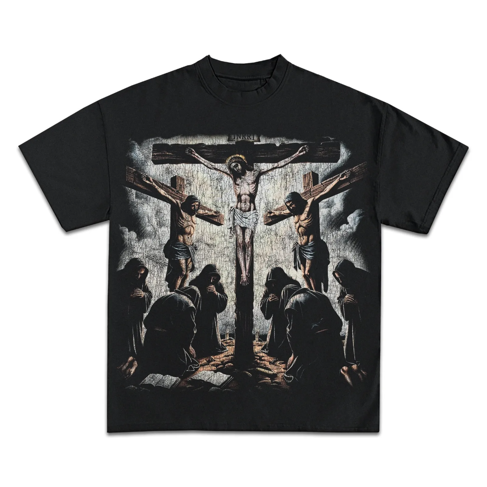 Saint Graphic Tee, Hoodie, Sweatshirt, Crucifixion Scene Christian Faith Dark Religious Art Streetwear Oversized Shirt