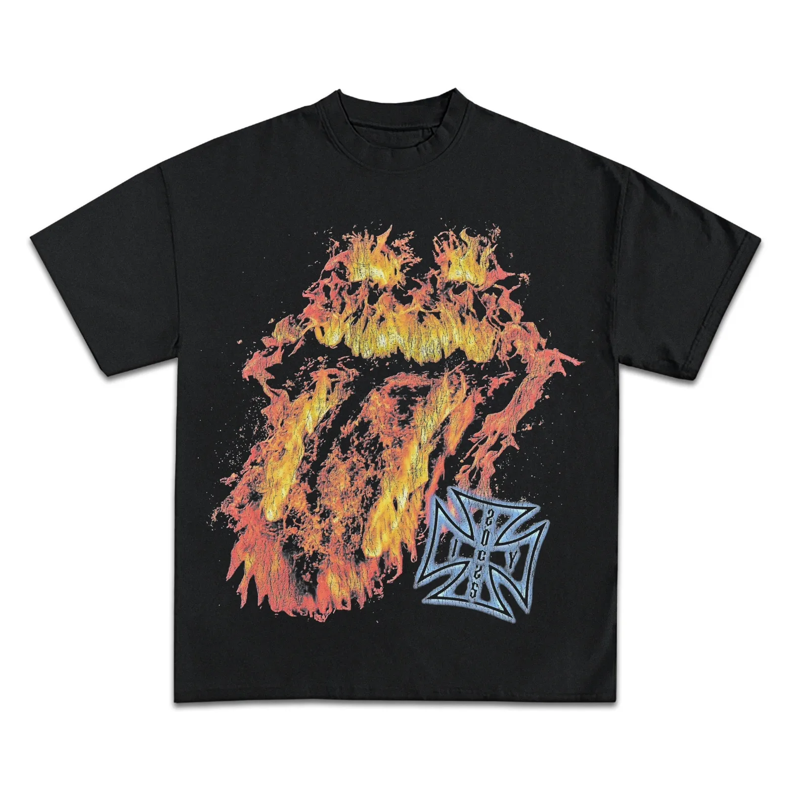 Burnout Graphic T-Shirt Hoodie Sweatshirt, Flaming Rock Tongue Lips Logo With Iron Cross, Vintage Streetwear Tee