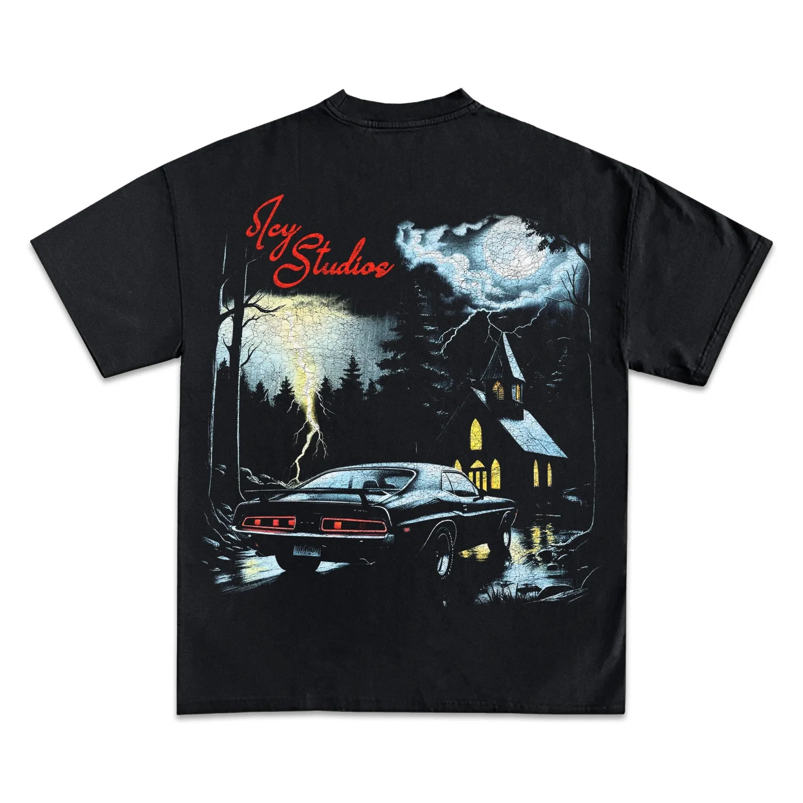 Thunderstorm Church And Muscle Car Graphic T-Shirt, Gothic Night Scene Streetwear Tee, Hoodie, Sweatshirt Vintage Oversized