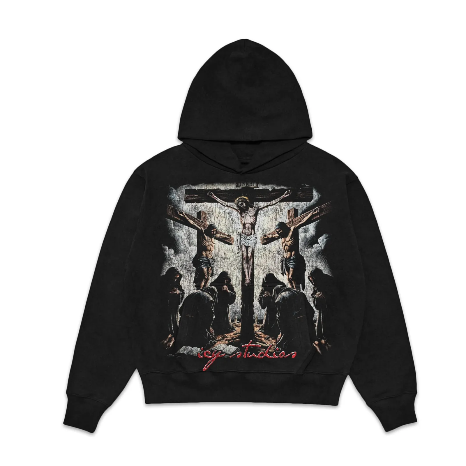 Crucifixion Scene Graphic Hoodie, Saint Religious Streetwear Pullover, Tee, Sweatshirt, Vintage Gothic Faith Oversized Style