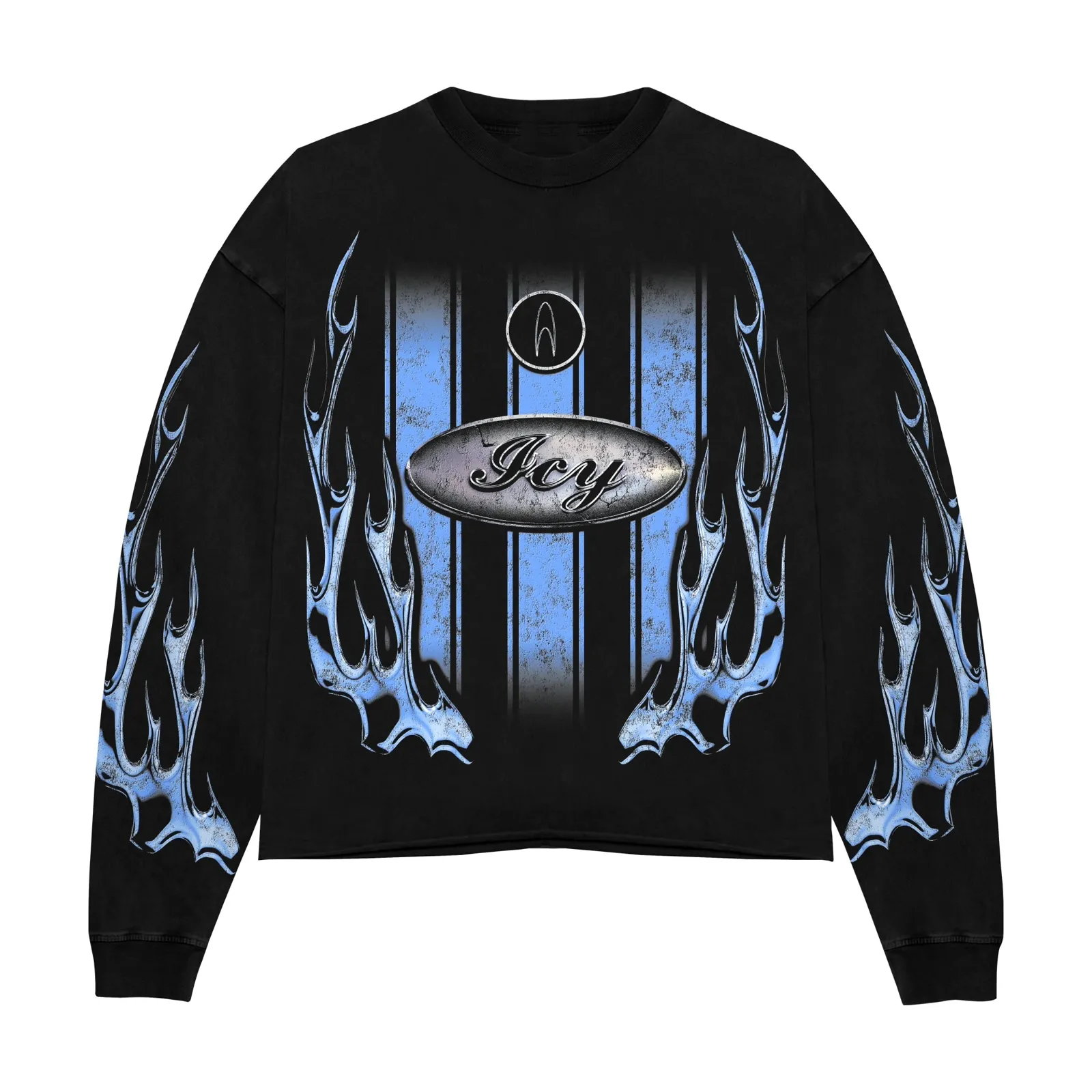 Chrome Blue Flames Racing Stripes Graphic Long Sleeve Tee, Hoodie, Sweatshirt, Metallic Oval Badge Y2K Streetwear Vintage