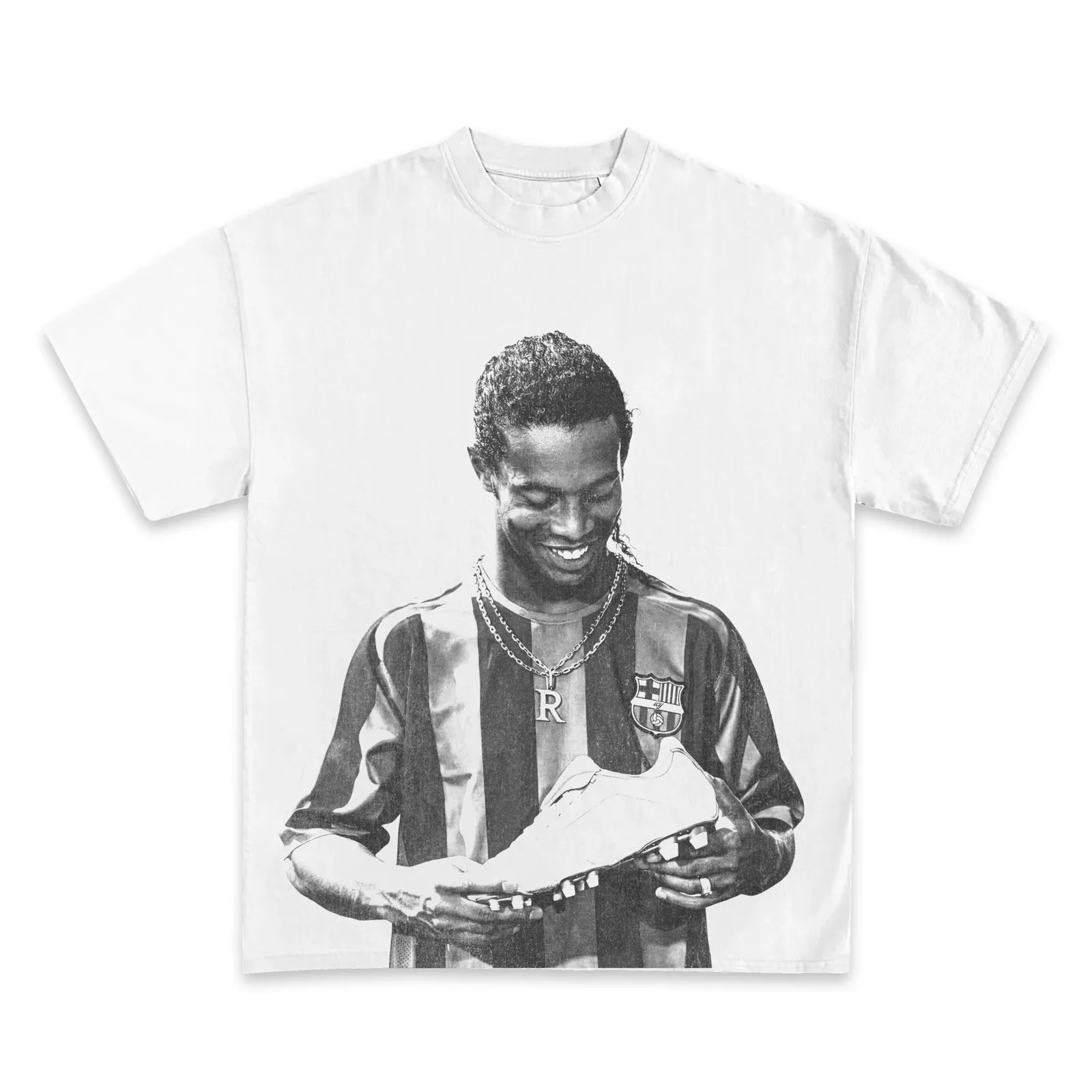 Ronaldinho Graphic T-Shirt Hoodie Sweatshirt, Black And White Barcelona Soccer Legend Portrait, Football Streetwear Tee
