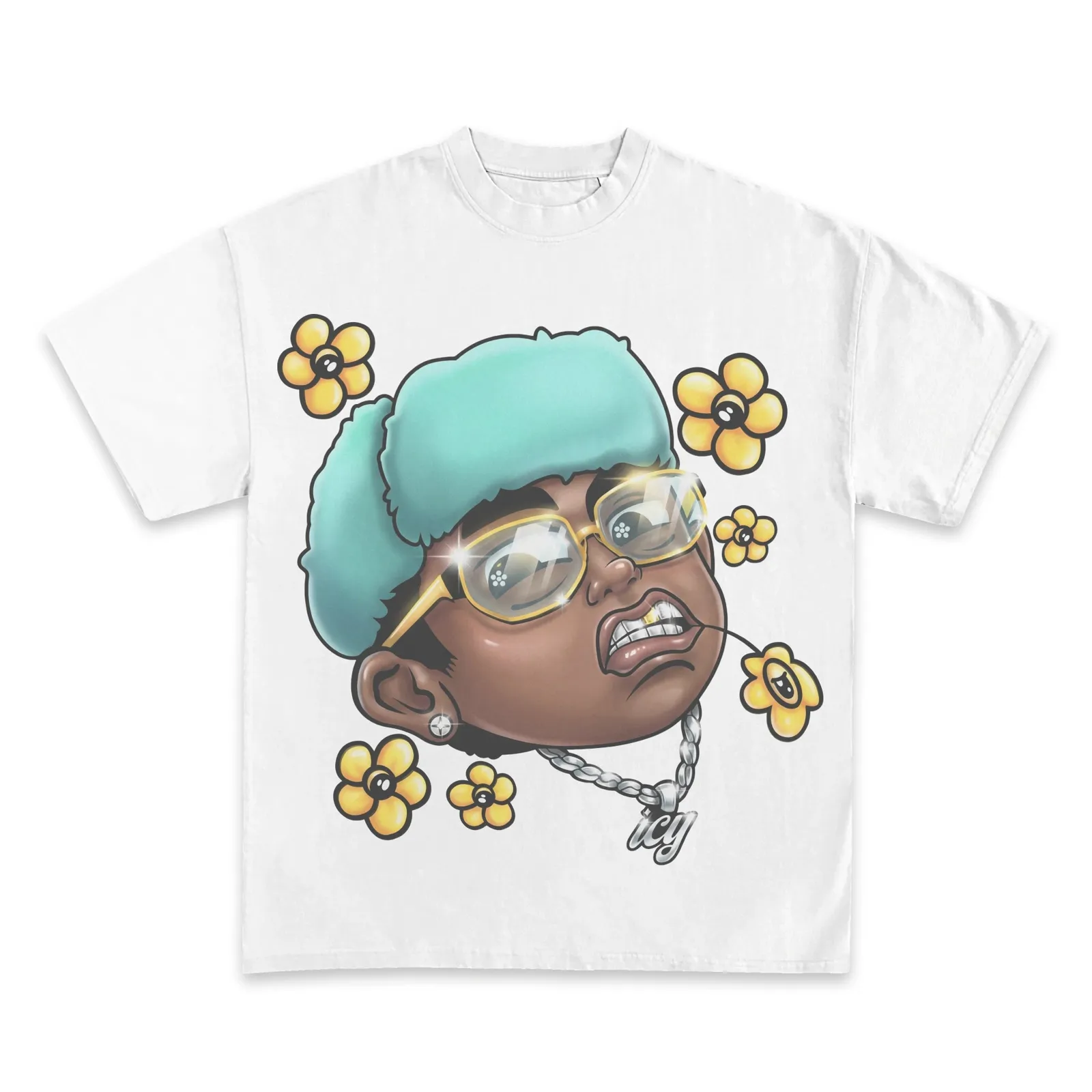 Flower Boy Graphic T-Shirt Hoodie Sweatshirt, Cartoon Portrait Teal Bucket Hat Gold Glasses Yellow Flowers Rap Tee