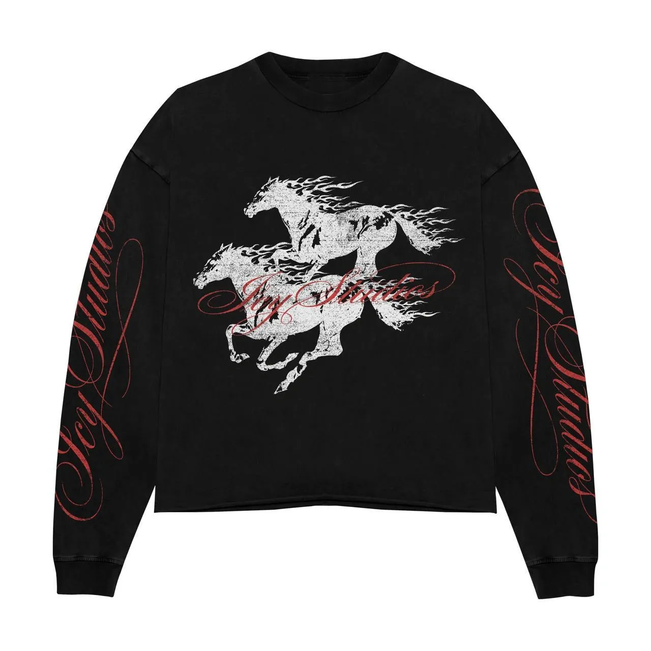 Flaming Horses Graphic Sweatshirt, Gallop Wild Horse Distressed Print, Red Script Sleeve Streetwear Tee, Hoodie