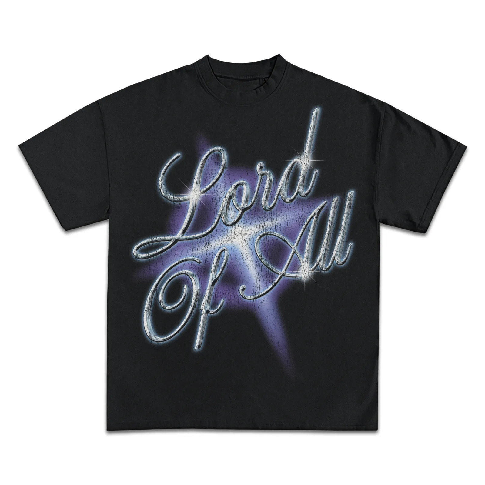 Lord Of All Graphic Tee, Faith Streetwear Hoodie, Sweatshirt, Chrome Script Christian Design With Purple Glow Style