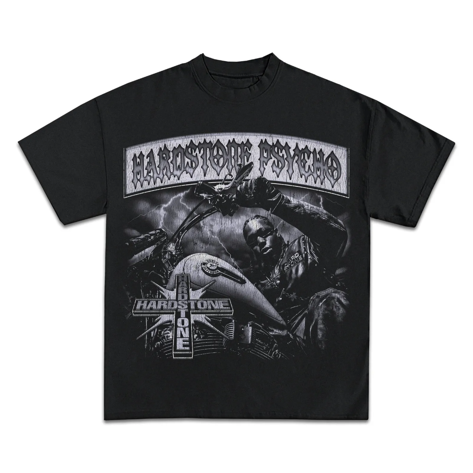 Hardstone Psycho Graphic T-Shirt Hoodie Sweatshirt, Black And White Motorcycle Rider Lightning Gothic Letter Tee