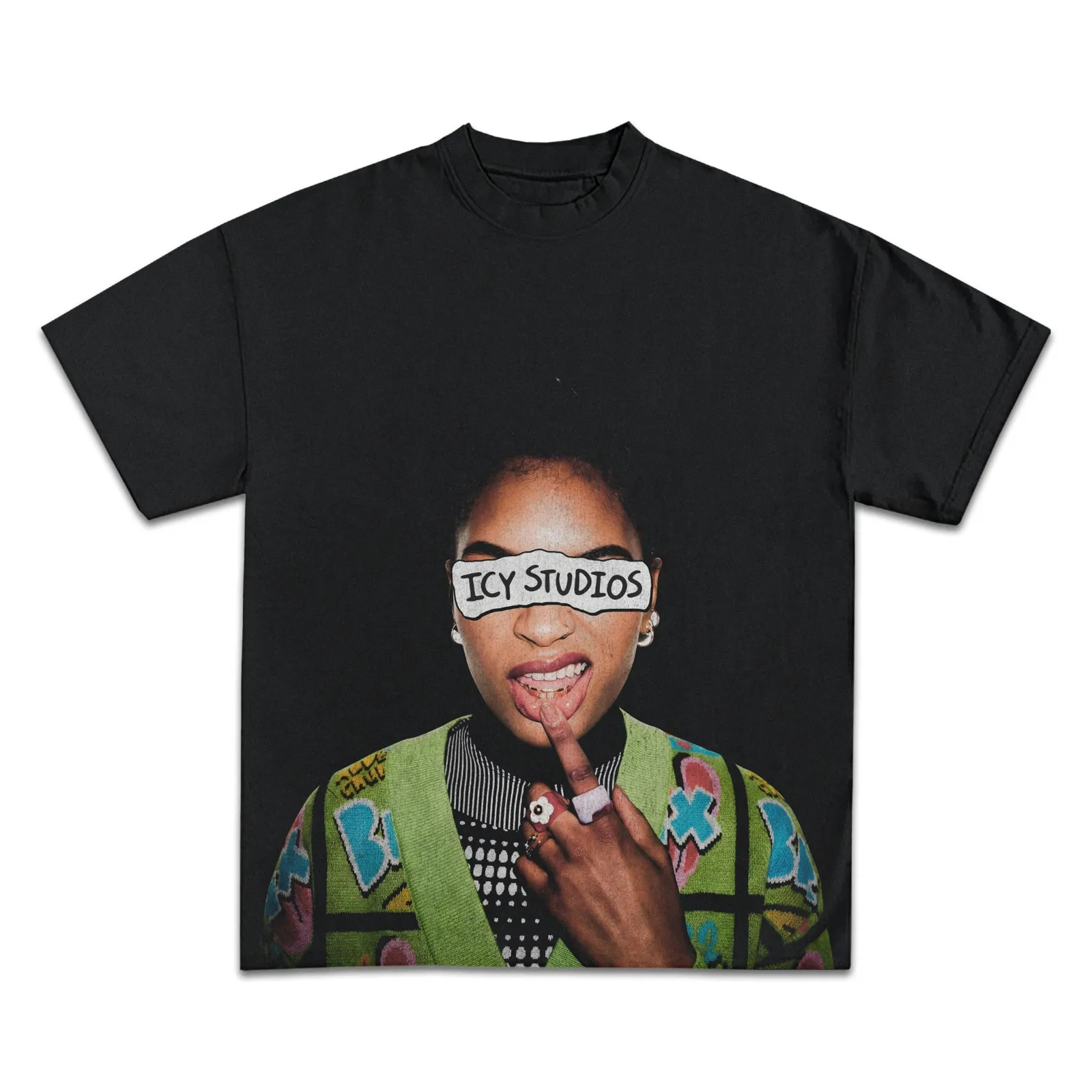 Attitude Graphic Tee, Hoodie, Sweatshirt, Streetwear Portrait Print Oversized Hip Hop Style Shirt With Colorful Cardigan