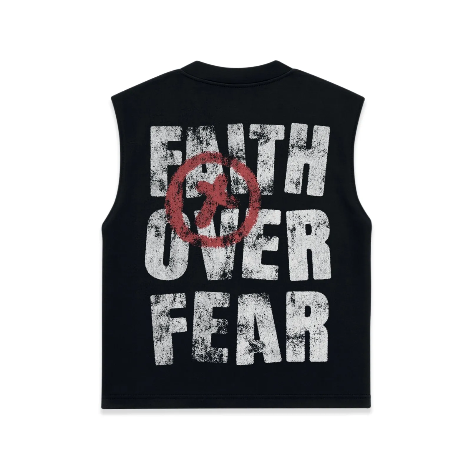 Faith Over Fear Graphic Sleeveless Shirt Tank, Christian Streetwear Muscle Tee With Red Cross Design, Distressed Print