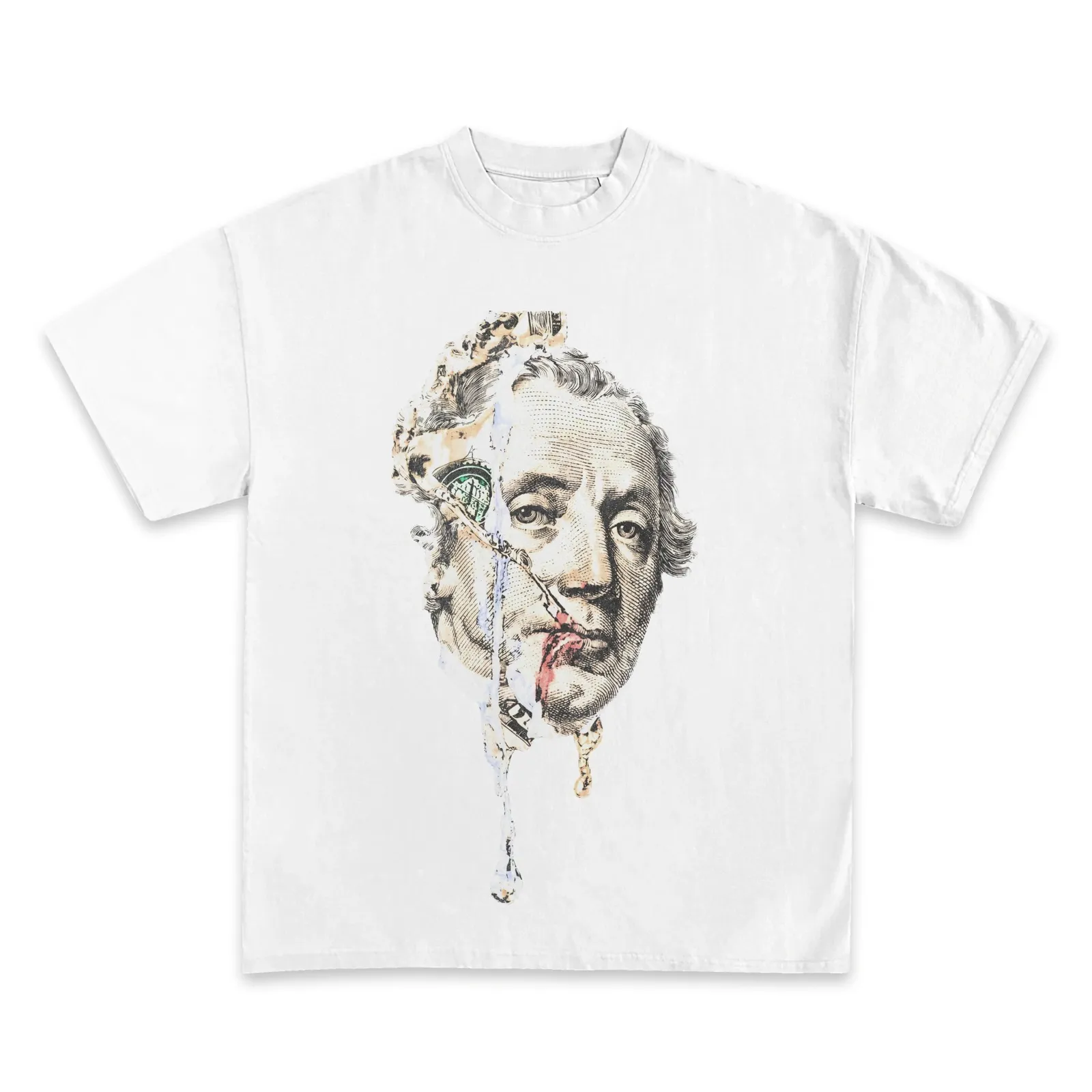 George Washington Graphic T-Shirt, Melting Dollar Bill Portrait Streetwear Tee, Money Art Hoodie, Sweatshirt Design