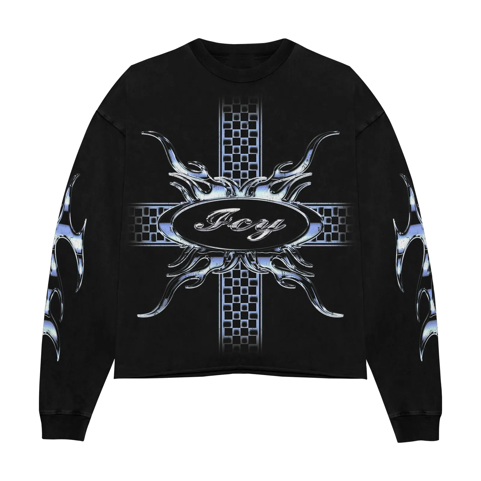 Chrome Tribal Flame Cross Graphic Long Sleeve Tee, Hoodie, Sweatshirt, Metallic Blue Y2K Streetwear Cyber Gothic Oversized