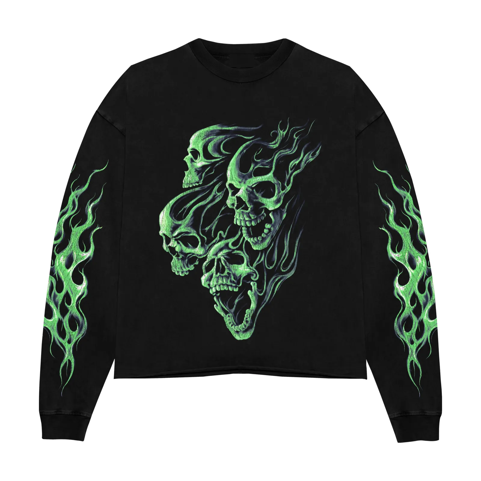 Skull Flames Graphic Long Sleeve T-Shirt, Green Fire Screaming Skulls Tee, Hoodie, Sweatshirt Gothic Streetwear