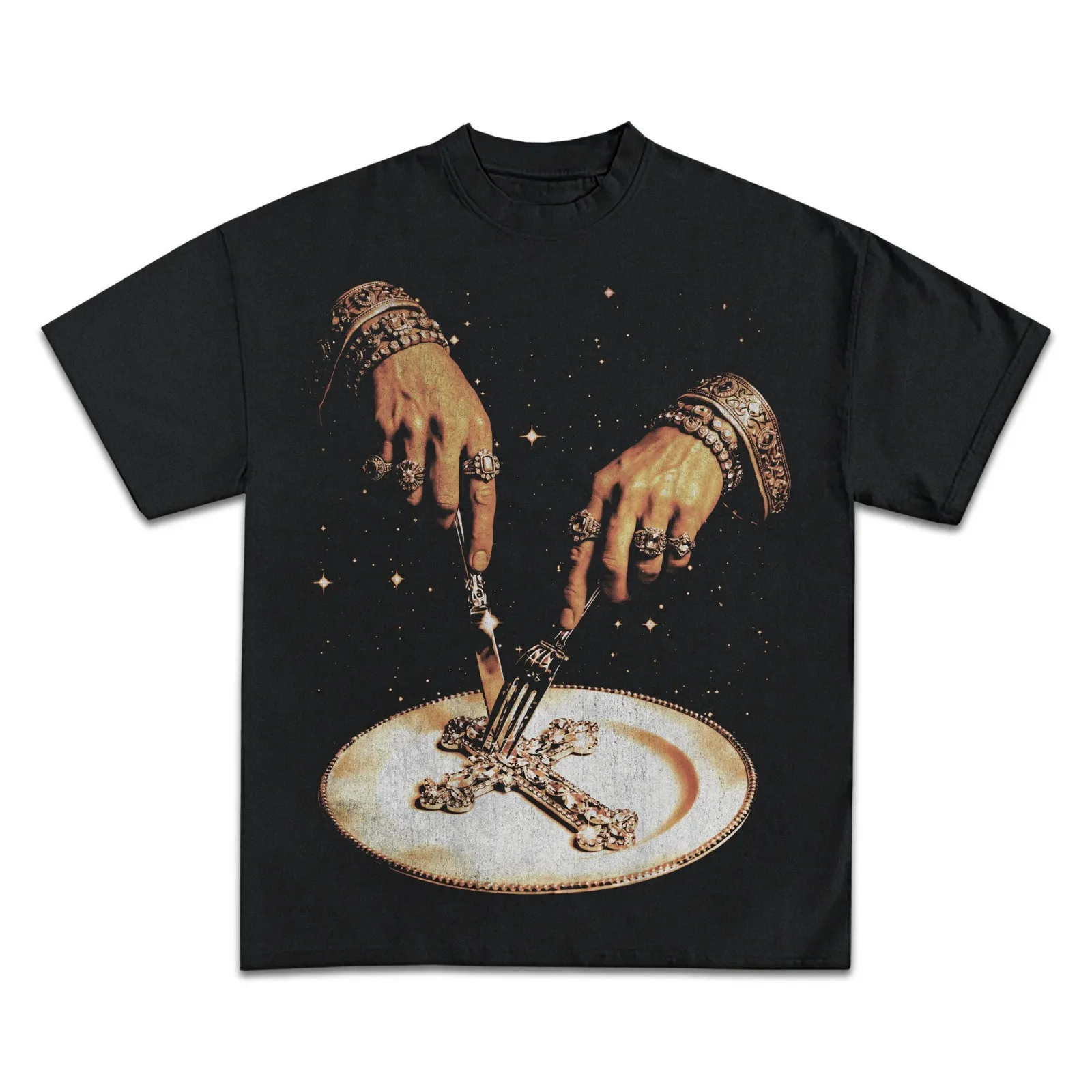 Breaking Bread Graphic T-Shirt, Gold Jewelled Cross on Plate Tee, Hoodie, Sweatshirt Faith Streetwear Style Vintage Gothic