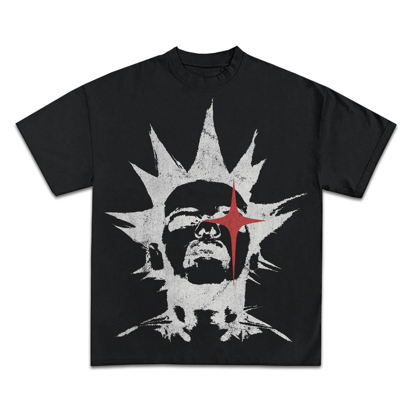 Foresight Graphic T-Shirt, Spiky Silhouette Portrait Tee with Red Star, Hoodie, Sweatshirt Dark Streetwear Style