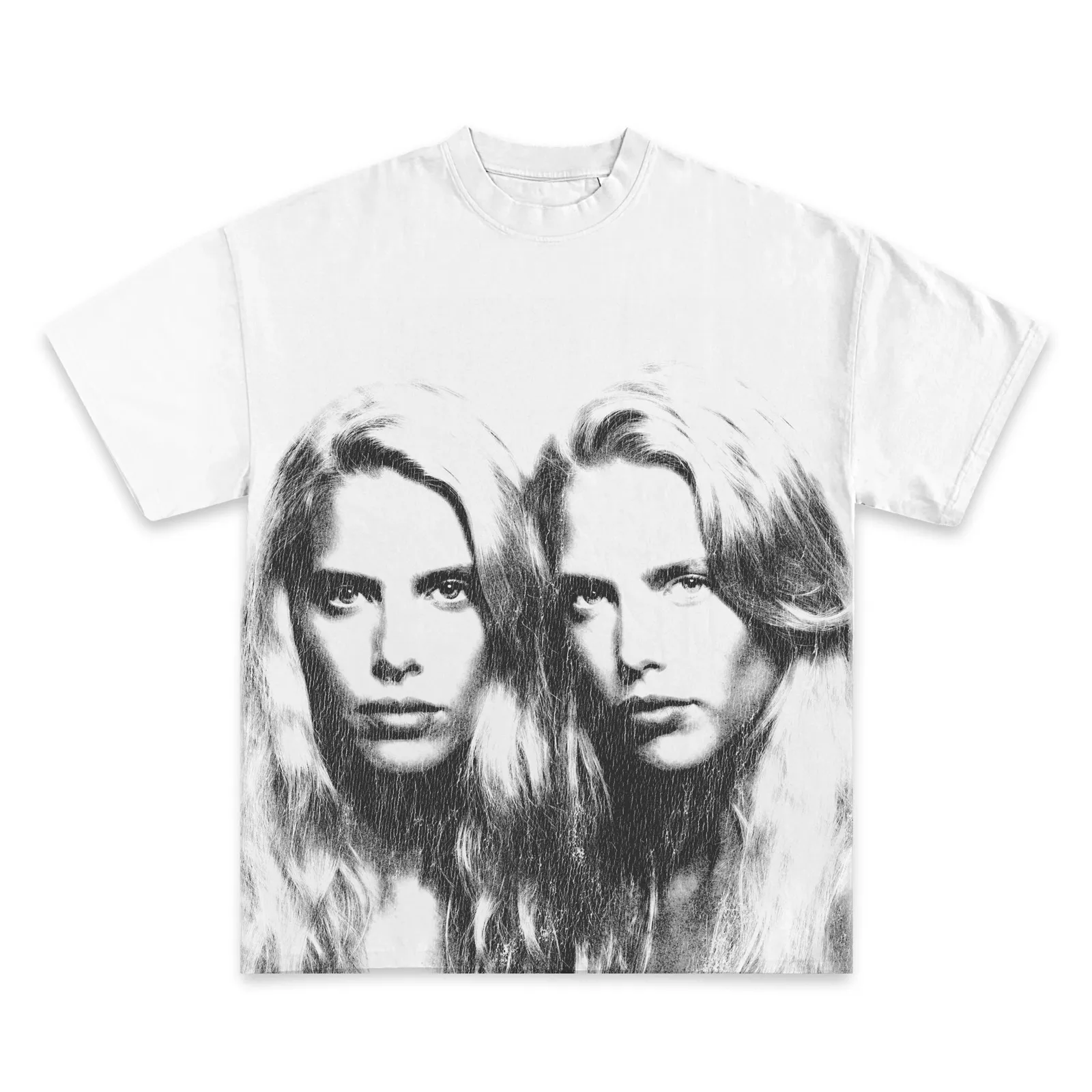 Twin Portrait Graphic T-Shirt, Black and White Long Hair Women Tee, Hoodie, Sweatshirt Vintage Streetwear Oversized Fit