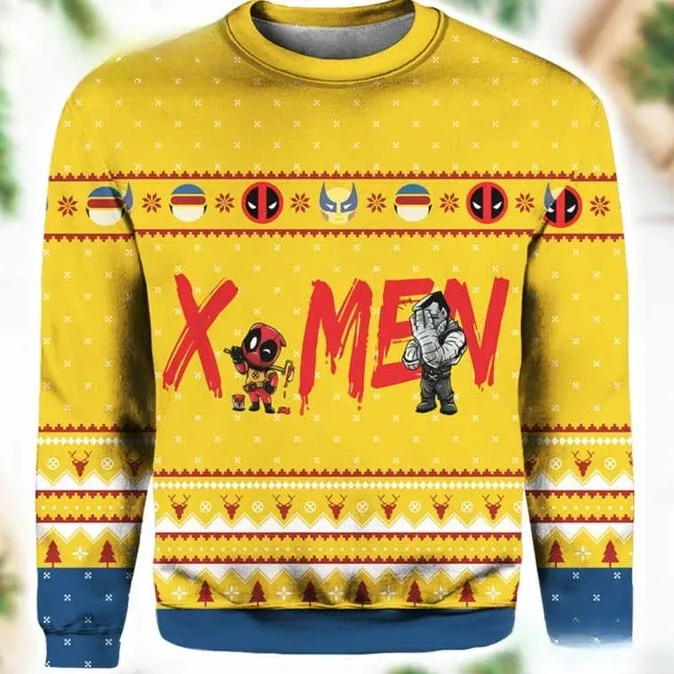 Mutants Deadpool X-Men Christmas Ugly Sweater, Deadpool and Colossus Marvel Holiday Sweater, Unisex Yellow All Over Print Xmas Sweatshirt