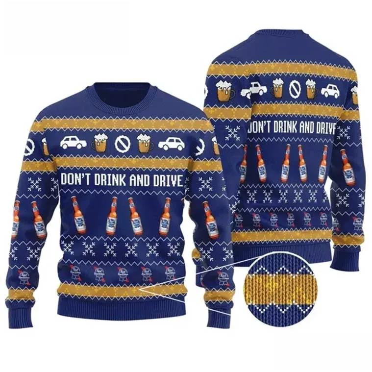 Pabst Blue Ribbon Don't Drink And Drive Ugly Sweater, PBR Beer Christmas Sweater, Funny Navy Holiday Sweatshirt, Unisex Xmas Party Jumper