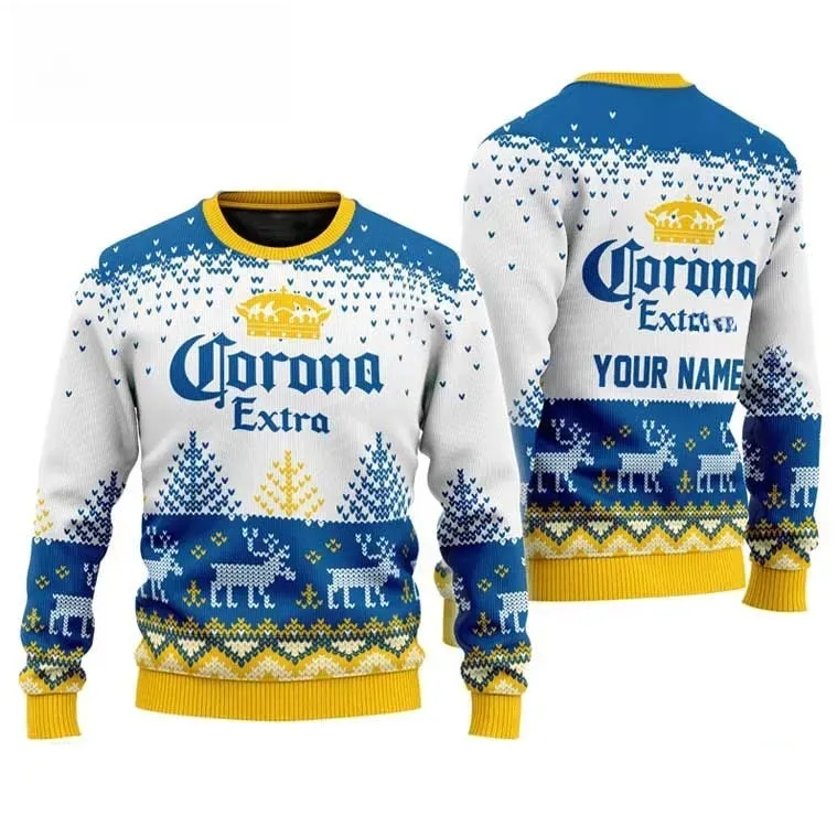 Personalized Corona Extra Reindeer Ugly Sweater, Custom Name Beer Lover Christmas Sweater, Unisex Blue and White Xmas Party Sweatshirt