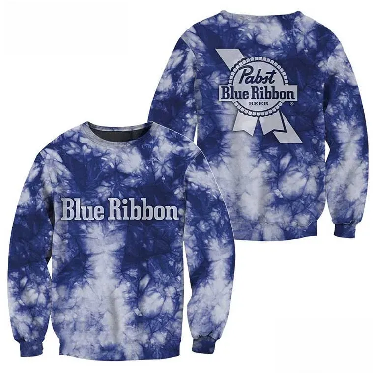 Pabst Blue Ribbon Blue Tie-Dye 3D Sweatshirt, PBR Beer Logo All Over Print Crewneck Pullover, Unisex Beer Lover Sweatshirt for Men and Women