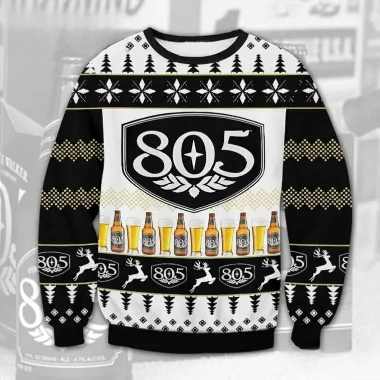 805 Beer Ugly Christmas Sweater, 805 Craft Beer Lover Holiday Sweater, Unisex Black and White Xmas Brewery Party Sweatshirt