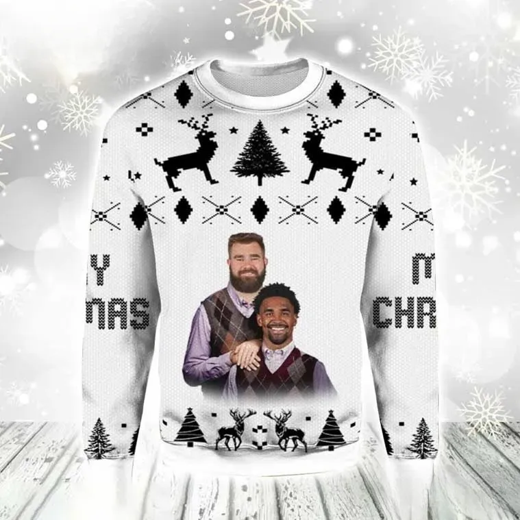 Jason Kelce Jalen Hurts Step Brothers Christmas Ugly Sweater, Funny Philadelphia Football Holiday Sweater, Unisex All Over Print Xmas Sweatshirt