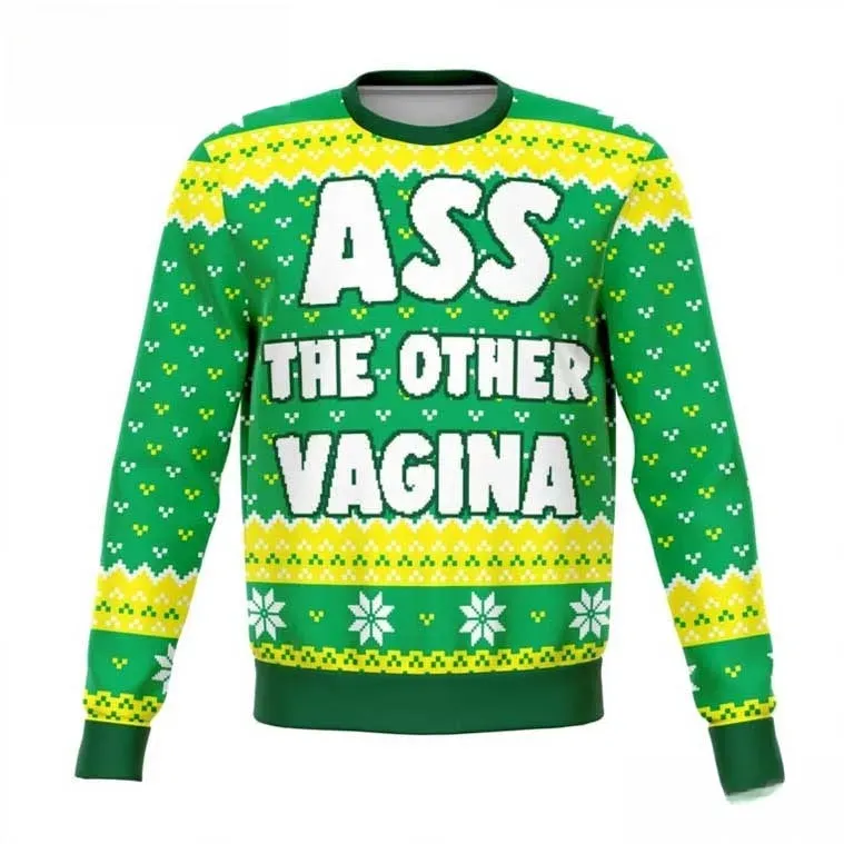 Ass The Other Vagina Christmas Ugly Sweater, Funny Adult Humor Holiday Sweater, Rude Green and Yellow Unisex Xmas Party Sweatshirt