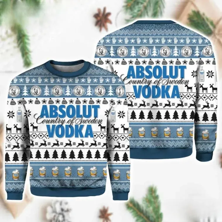 Absolut Vodka Christmas Ugly Sweater, Country of Sweden Vodka Lover Holiday Sweater, Unisex Blue and White Xmas Party Sweatshirt