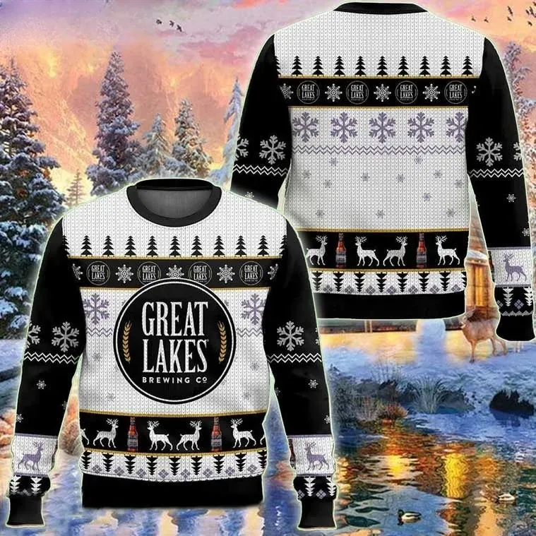 Great Lakes Ale Christmas Ugly Sweater, Great Lakes Brewing Co Beer Lover Holiday Sweater, Unisex Black and White Xmas Party Sweatshirt
