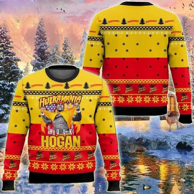 Hulk Hogan Hulkamania Ugly Christmas Sweater, Shirt Ripping Wrestling Legend Holiday Sweater, Unisex Red and Yellow Xmas Sweatshirt