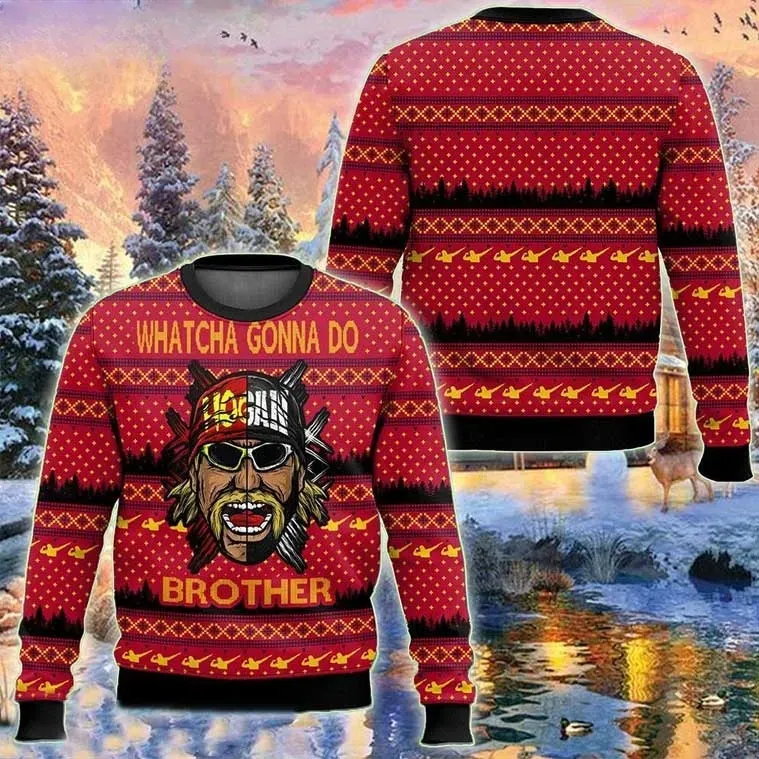 Hulk Hogan Whatcha Gonna Do Brother Ugly Christmas Sweater, Hulkster Wrestling Legend Holiday Sweater, Unisex All Over Print Xmas Sweatshirt