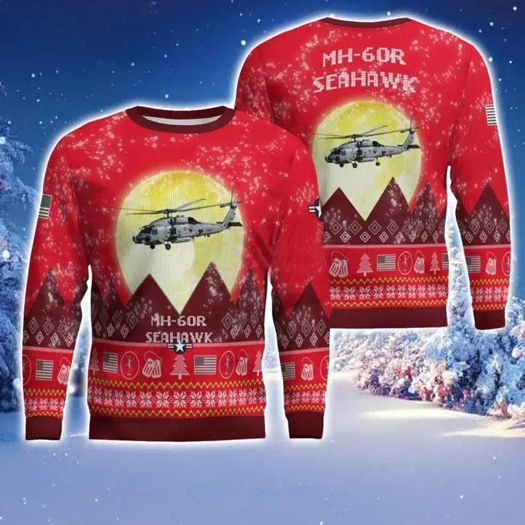 MH60R Seahawk Aircraft Moonlight Red Ugly Christmas Sweater, MH-60R Navy Helicopter Holiday Sweater, Aviation Unisex Xmas Sweatshirt