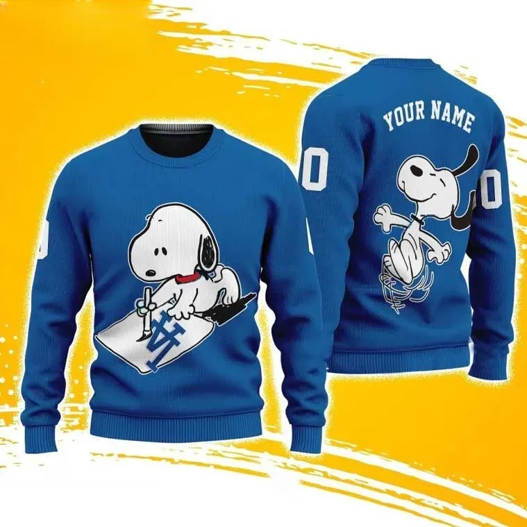 MLB Los Angeles Dodgers Snoopy Custom Ugly Sweater, Personalized Name and Number Peanuts Baseball Christmas Sweater, Unisex Xmas Holiday Jumper