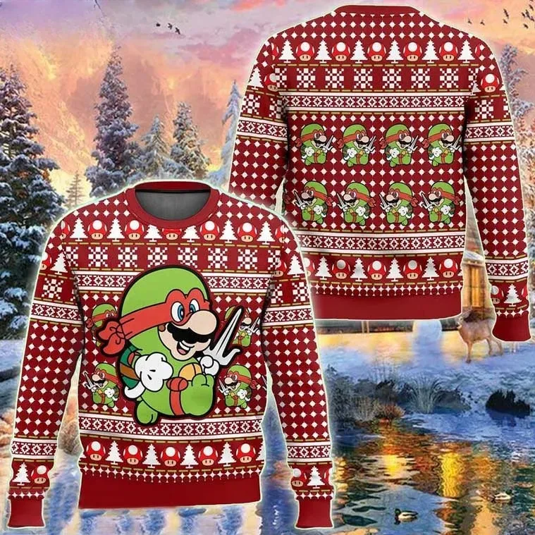 Super Raph Bro Super Mario Ninja Turtles Ugly Christmas Sweater, Mario as Raphael TMNT Mashup Holiday Sweater, Unisex Gamer Xmas Sweatshirt