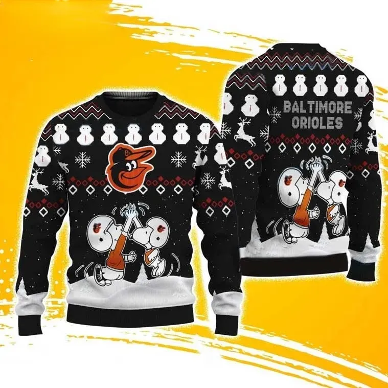 Snoopy Charlie Brown Baltimore Orioles Christmas Ugly Sweater, Peanuts MLB Baseball Holiday Sweater, Unisex All Over Print Xmas Sweatshirt