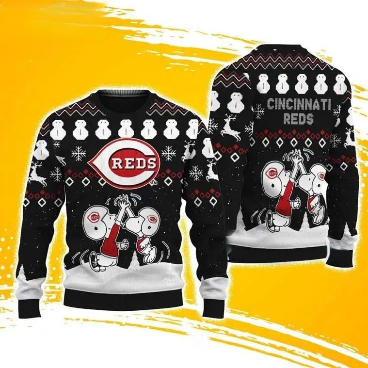 Cincinnati Reds Snoopy Charlie Brown Christmas Ugly Sweater, Peanuts Baseball Holiday Sweater, Unisex All Over Print Xmas Sweatshirt for MLB Fans